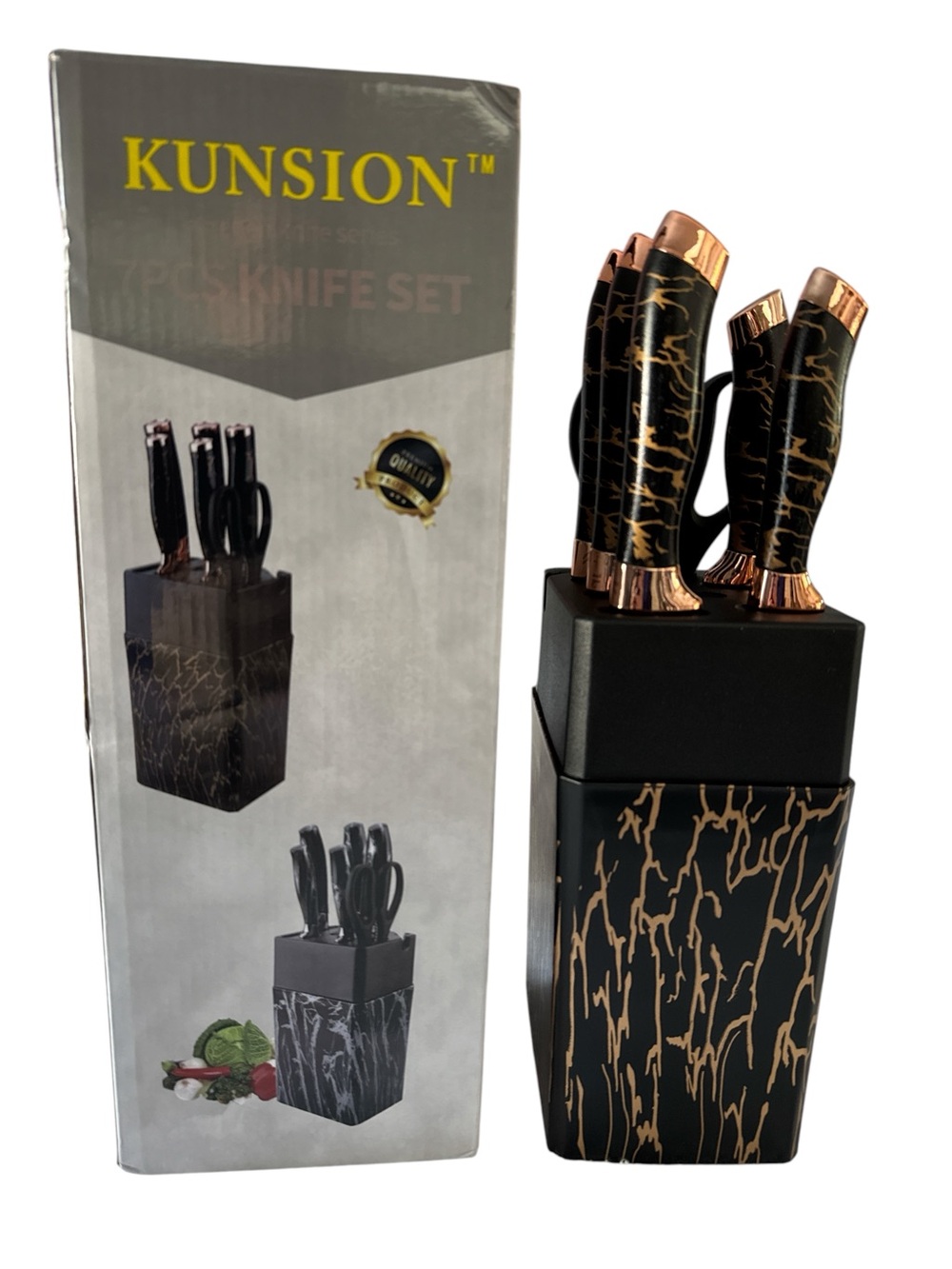 KUNSION 7-Piece Knife Set w/ Block – Black & Gold Marble Design – New in Box